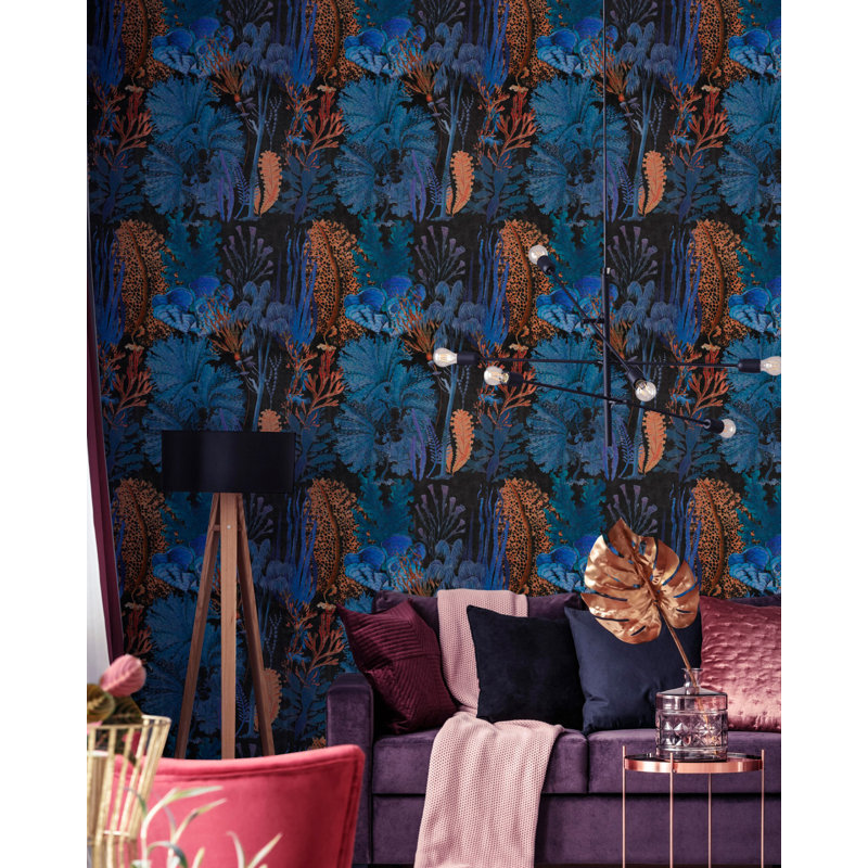Atoll Abstract Wallpaper Roll, Blue/Black/Orange