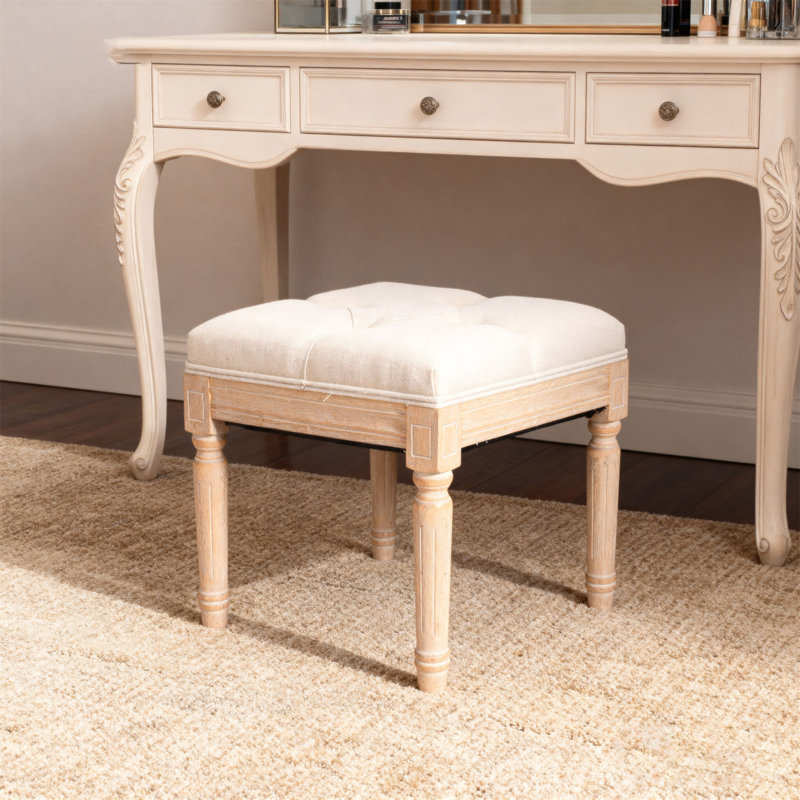 Petit banc rembourré, banc carré rembourré avec repose-pieds rustique, tabourets de coiffeuse pour la chambre à coucher, beige 15,75 po x 15,75 po x 15,75 po