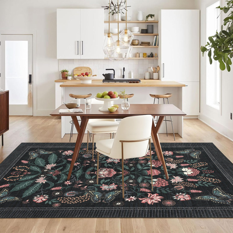 Garden-Inspired Butterfly Washable Area Rug, Stain Resistant Soft Floor Cover for Living Room Bedroom Dining Room, Black