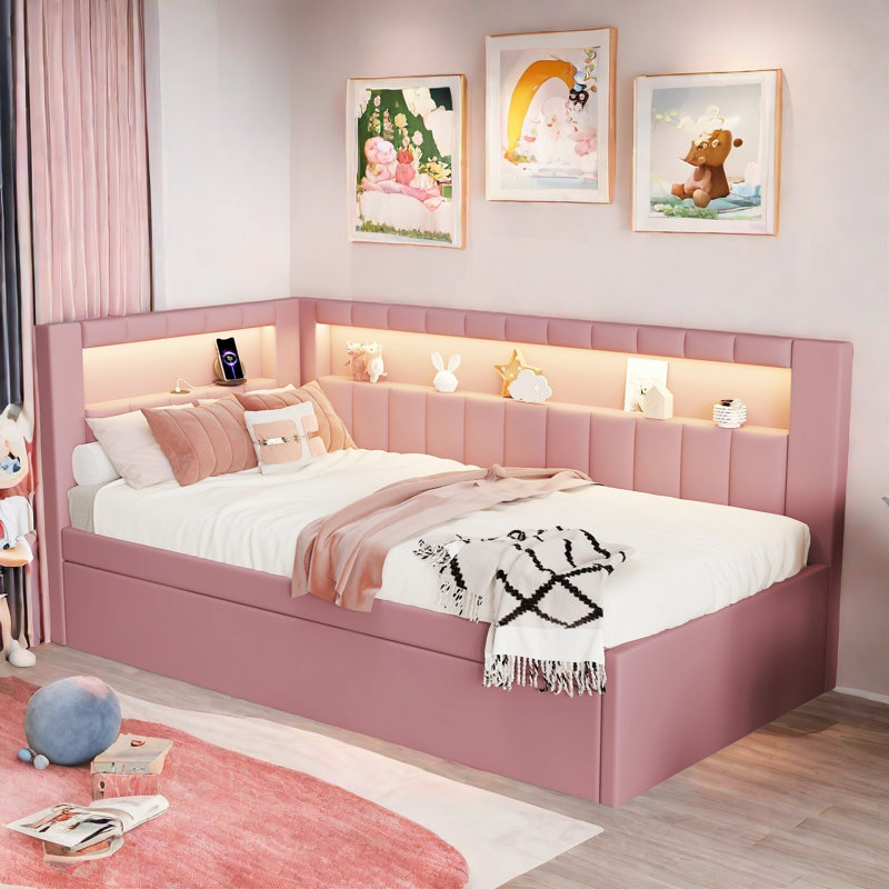 Upholstered Platform Bed with USB Ports, LED Belt and Trundle Shorifa, Pink