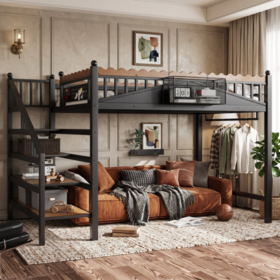 Lit mezzanine double avec escalier de rangement et bibliothèque, structure de lit robuste en métal avec barrières de sécurité pour adultes, noir
