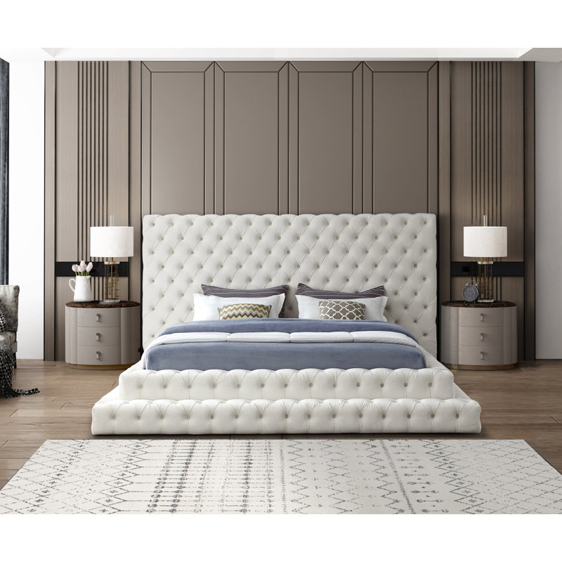Dymphia Revel Velvet Bed, King, Cream Velvet