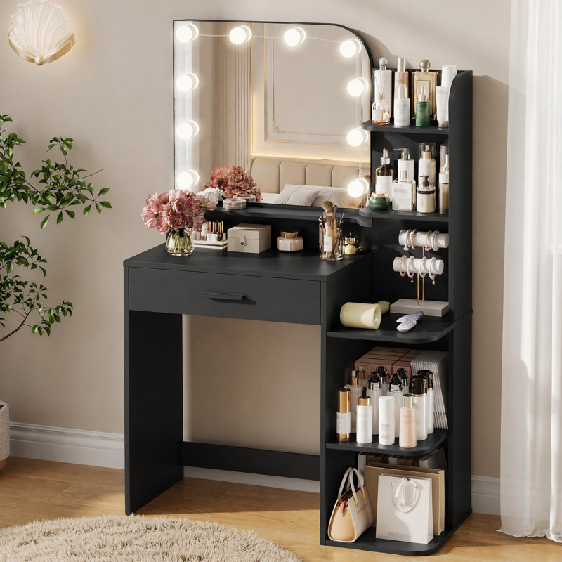 Coiffeuse de maquillage avec miroir lumineux à DEL et 5 tablettes ouvertes pour la chambre à coucher, Noir