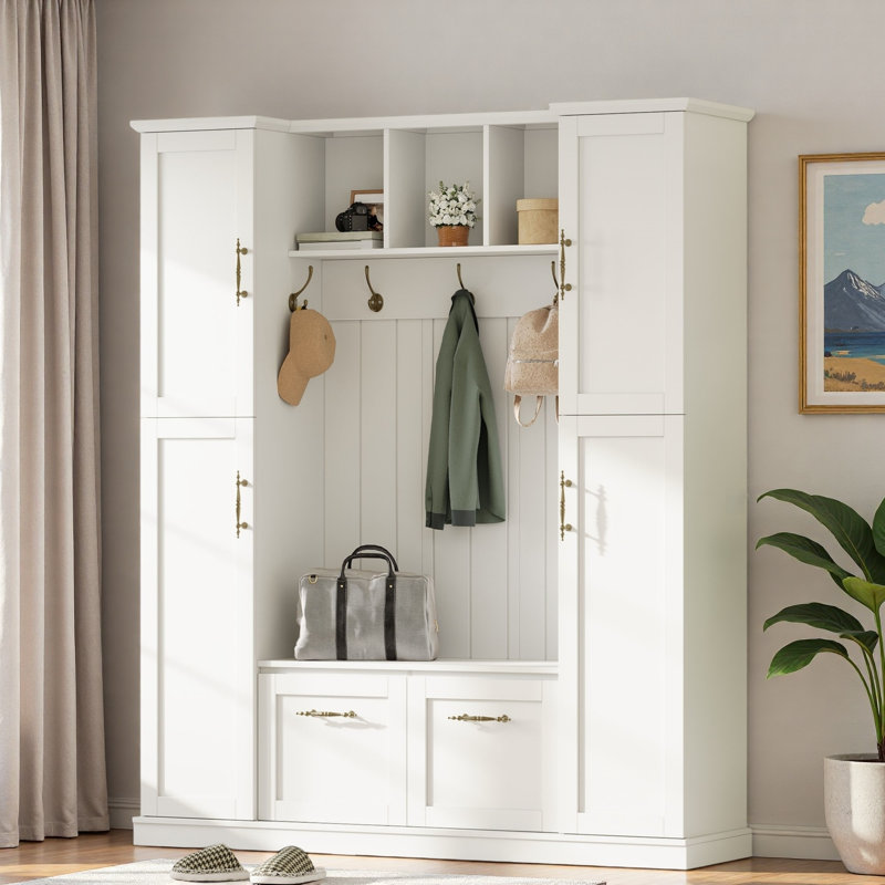 Farmhouse Elegant Hall Tree With 4 Side Cabinets, Open Compartments, Bottom Cabinets, Sturdy Hooks And Bench, White