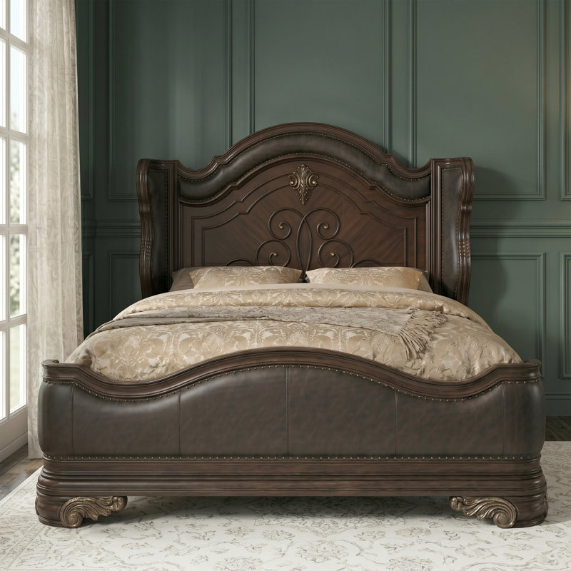 Faxon Bedroom Set in Dark Walnut, King, 5 Pcs: Bed,2 Nightstand,Dresser,Mirror
