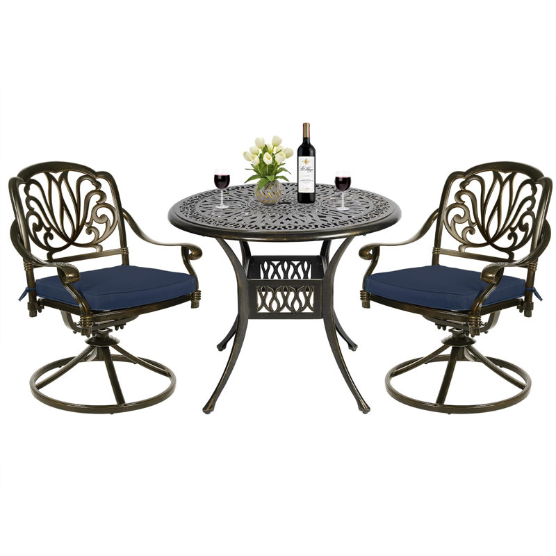 Ensemble bistro rond avec coussins 35,4 po, Bleu marine, Bronze foncé