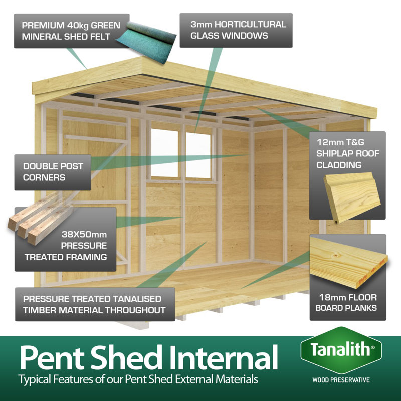 16ft x 8ft Pent Shed - Single Door with Windows
