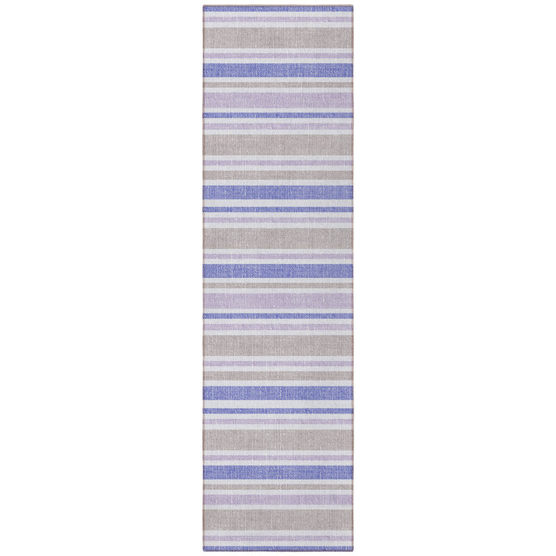 8' Navy Blue Striped Washable Indoor Outdoor Runner Rug