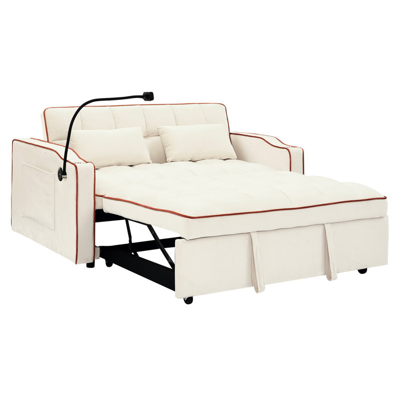 Lit à dossier ajustable moderne en velours beige avec velours port et téléphone, cendrier et 2 coussins