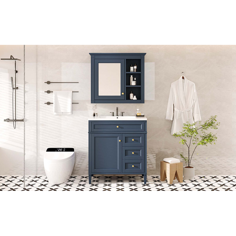 Ensemble de meuble-lavabo moderne avec lavabo simple 3 tiroirs et miroir, Bleu