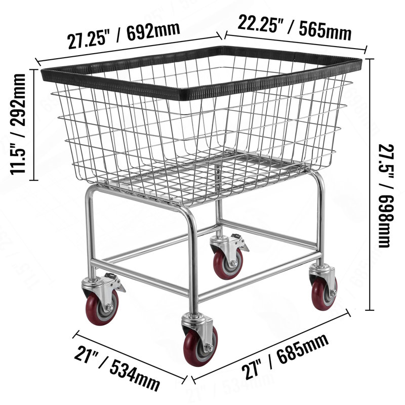 Chariot à linge en fil métallique, panier à linge en fil métallique de 2,5 boisseaux avec roulettes, chariot à linge métallique commercial de 21 po x 27 po x 27,5 po, cadre en acier avec finition chromée, roulettes de 4 pouces, chariot à panier en métal pour la lessive