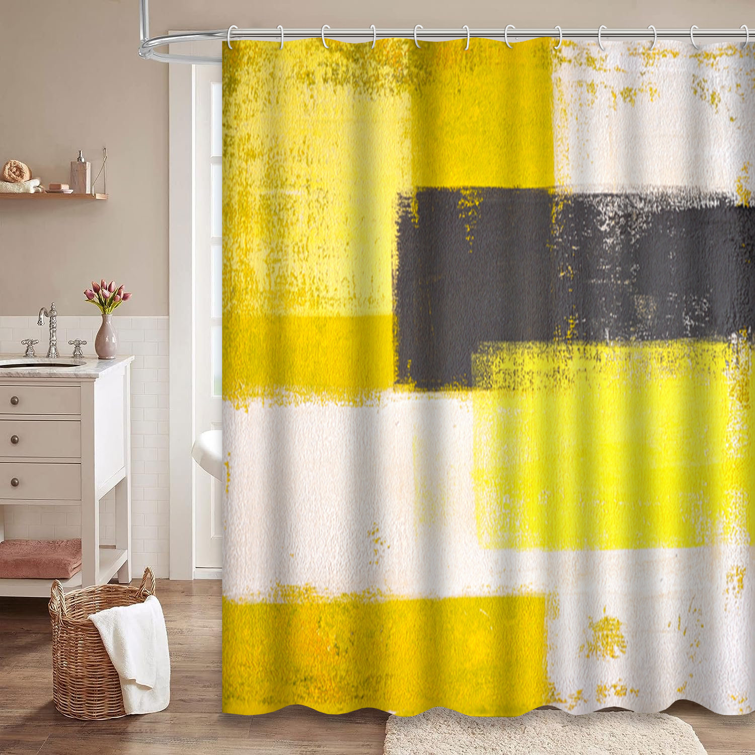 East Urban Home Waterproof Yellow Grey Shower Curtain with Abstract Art