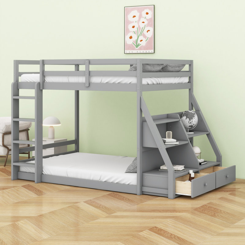 Lit superposé avec rangement à DEL 7 couleurs, chargement USB, tablettes intégrées et 2 tiroirs, Gris