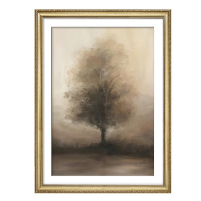 Serene Tree in Mist Calming Nature Landscape Country Rustic Gold Framed Wall Art Decoration