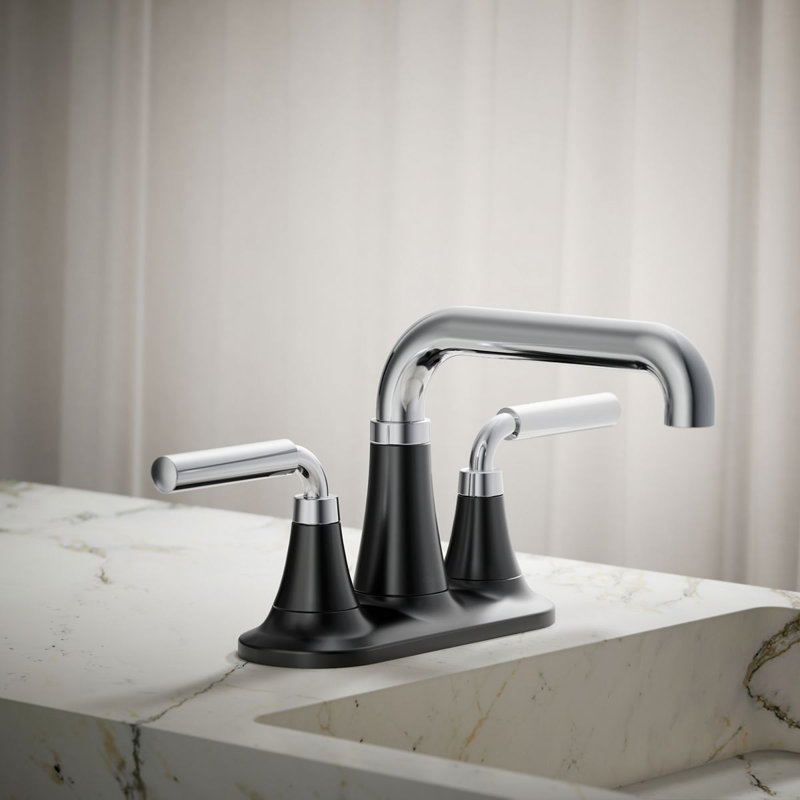 Tone Two-Handle Centerset Bathroom Sink Faucet with Clicker Drain, 0.5 GPM, Matte Black/Polished Chrome