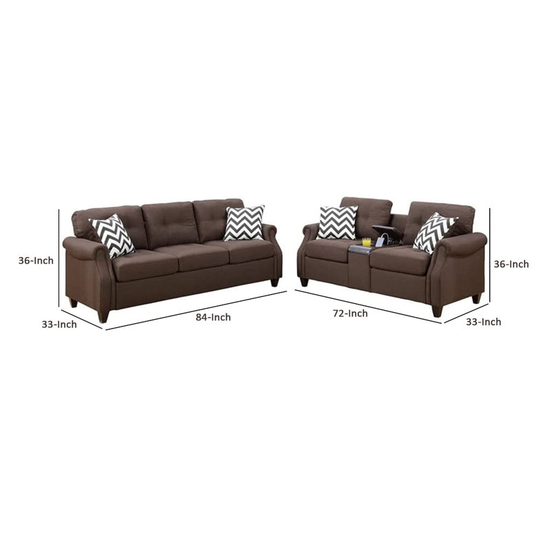 Ensemble de causeuse moderne 2 pièces Roah, 4 coussins, ports USB, brun foncé Roah