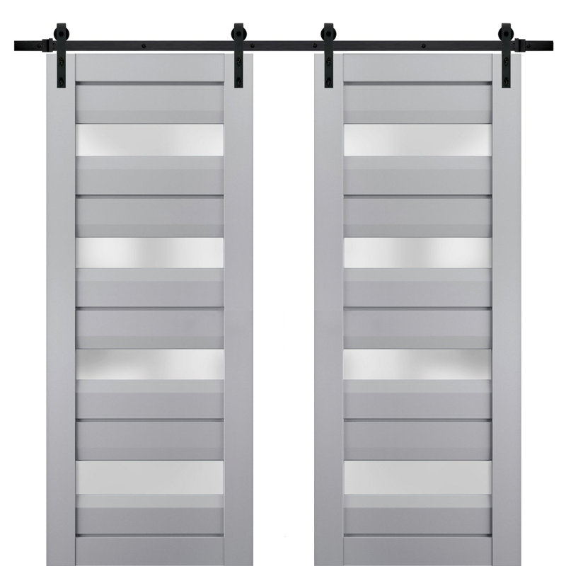 Porte de grange double robuste avec vitrage dépoli Veregio 7455 Gris mat, supports de rail de 4 m (13 pi), portes intérieures à panneaux pleins et lourds - 152 cm x 203 cm (60 po x 80 po) (2 x 76 cm x 203 cm) - Rail noir