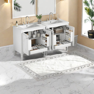 Meuble-lavabo double spacieux en bois massif et en céramique de style rétro pour des salles de bain élégantes