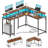 Kamai 54" L Shaped Computer Desk for Home Office Gaming Desk with LED Built-in Outlets with Storage Shelf-1198469283