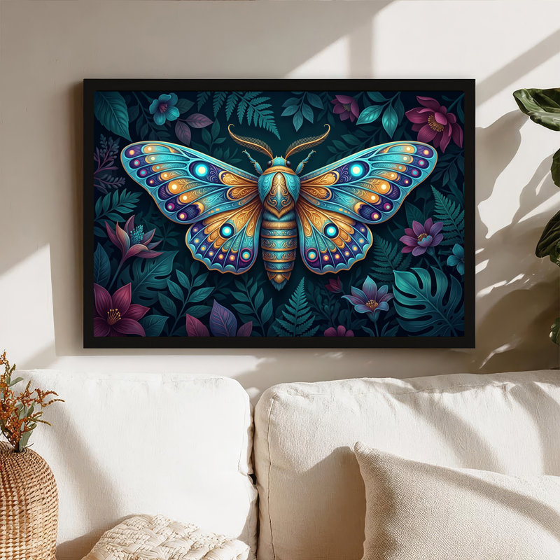 Toile brillante, sarcelle et papillon doré sur fond de feuillage foncé, H 20 po x l 30 po
