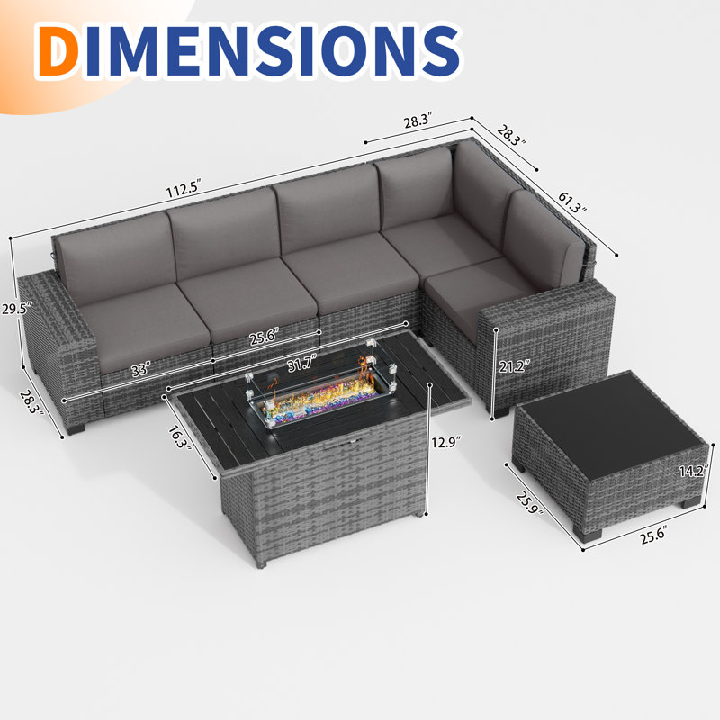 5 - Person Outdoor Rattan Sectional Seating Group with Fire Pit, Dark Gray Cushion/Gray Frame