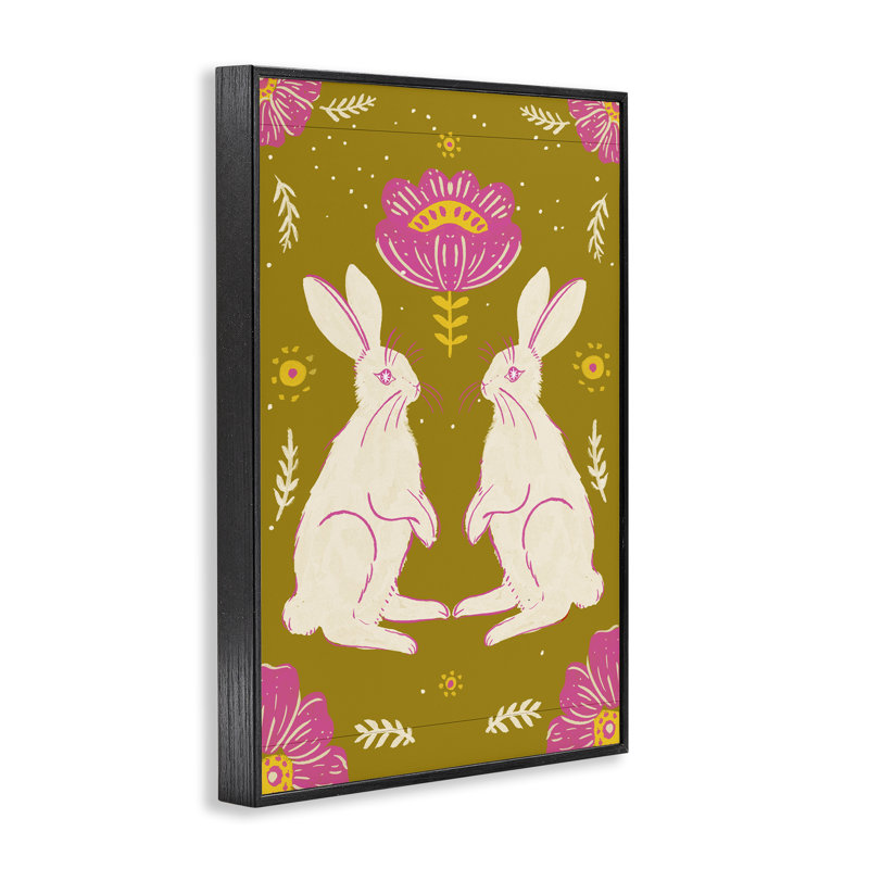 Lapins de printemps en miroir, estampe numérique, design par Hannah Moren, H 18 po x l 12 po, Giclée encadrée noir minuit