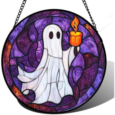 Stained Glass Window Hanging - Halloween Decorations Ghost Suncatcher For Doors Garden Indoor Spooky Funny Purple Sun Catchers Gothic Decor Horror Gifts For Women Men Friend 11.8 In