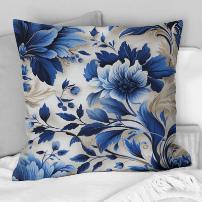 Cobalt Blue Acanthus Leaves Victorian Pattern I - Floral Printed Throw Pillow
