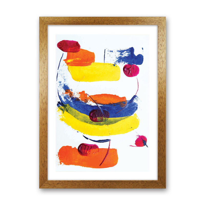 Bright Yellow Blue And Red Paint Strokes by Pixy Paper - Print, 29.7cm H x 21cm W x 3cm D, Oak Framed
