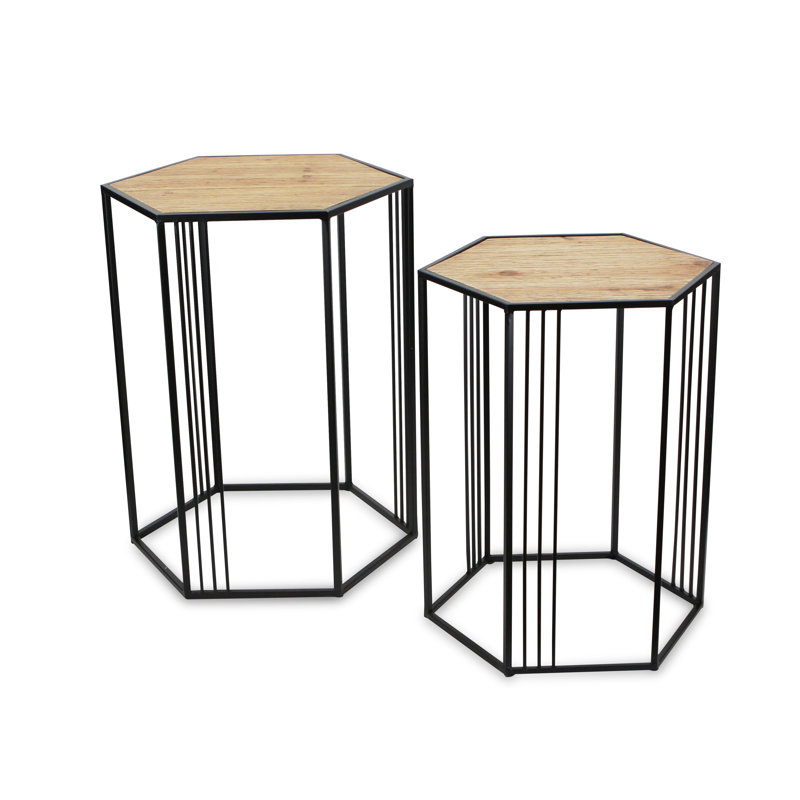 Set Of Two 24" Black And Brown Solid Wood And Steel Hexagon Nested Tables