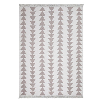 Tapis géométrique en coton tissé à plat à la main blanc / beige Oloran