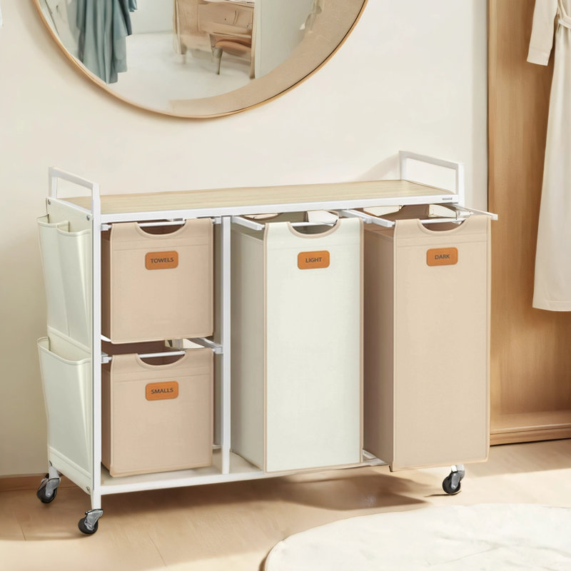 Metal Rolling Laundry Basket with Handles, Natural Beige/Camel Brown/Cream White