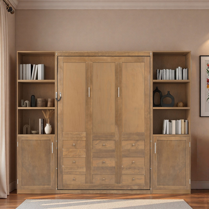 Lit escamotable en bois avec tablettes et armoires de rangement
