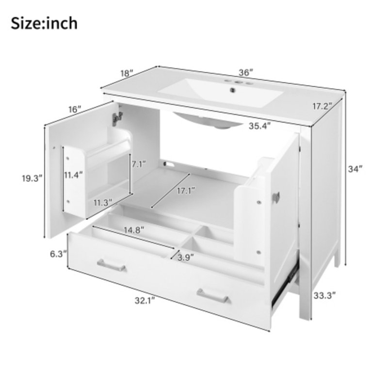 Meuble-lavabo 36 po avec rangement divisé - lavabo en céramique, portes à fermeture douce, tablettes doubles et tiroir organisé