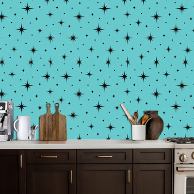 Papier peint adhésif peler et coller en PVC, revêtement mural auto-adhésif amovible avec imprimé rétro noir Starburst, imperméable pour la décoration intérieure - rouleau
