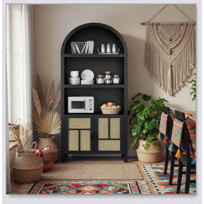 70.2 Inch Tall Black Arched Rattan Pantry Cabinet with Adjustable Shelves for Versatile Kitchen Storage