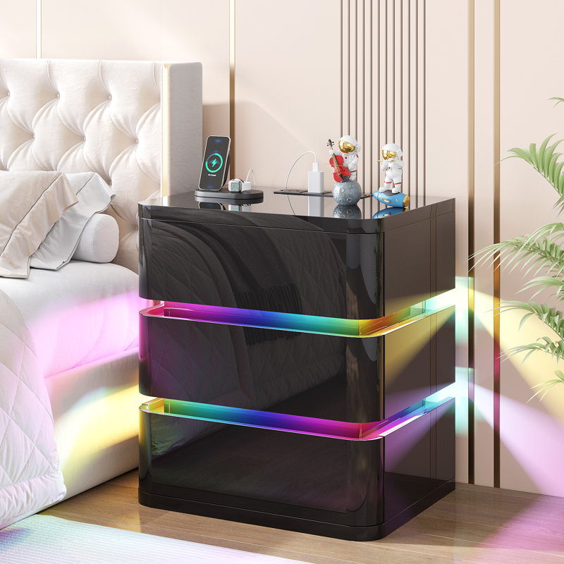 Fully Assembled 3-Drawer Nightstand with Charging Station and Motion Sensor RGB Light, Curved Profil, Black