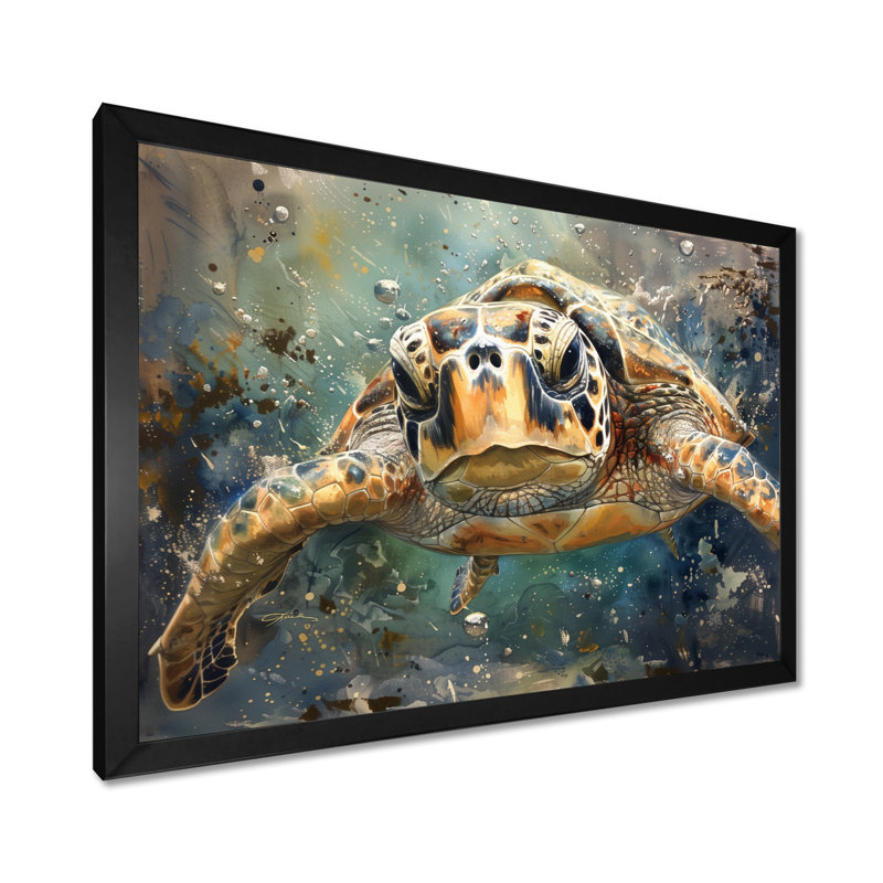 «Sea Turtle Journey I - Sea Creatures», art mural, salon, Toile encadrée noire simple, H 24 po x l 32 po x P 1 po