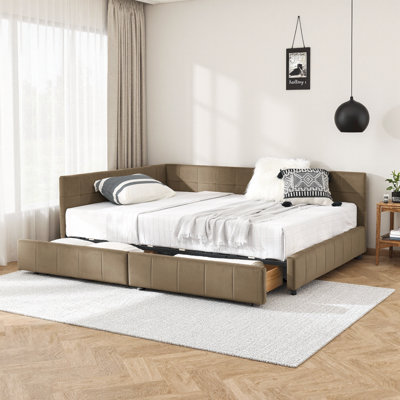 Lit de jour double en velours avec cadre de canapé-lit capitonné avec tiroirs, canapé-lit brun Mid-Century pour chambre à coucher et salon