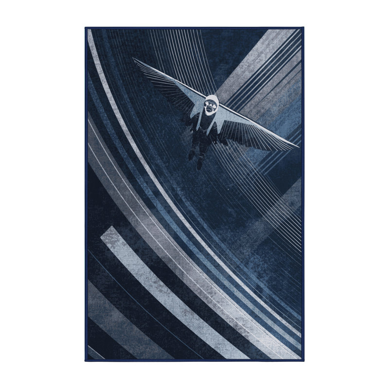 Machine Washable Rayan Wingsuit Flying Sleek & Chic Modern Arc Rug in Gray – Navy Binding, 7x10