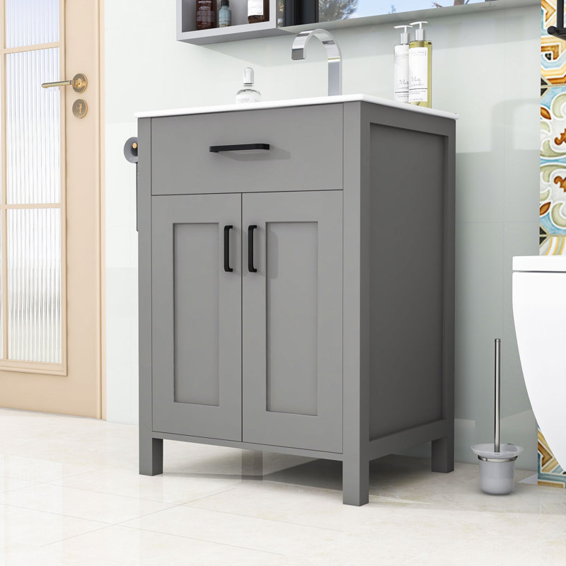 Meuble-lavabo pour salle de bain avec lavabo en céramique, tiroir, armoire de rangement et tablette, Gris