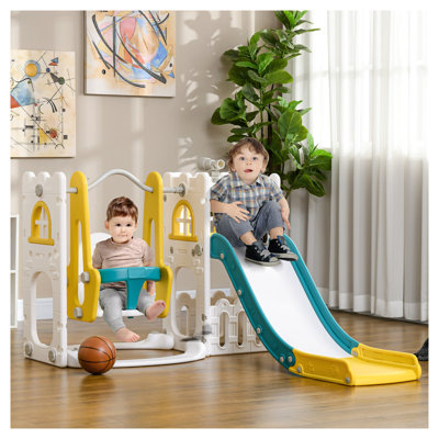 Ensemble de balançoire et de glissade pour tout-petits avec panier de basketball Qabo 6-en-1, aire de jeu en plastique jaune pour enfants