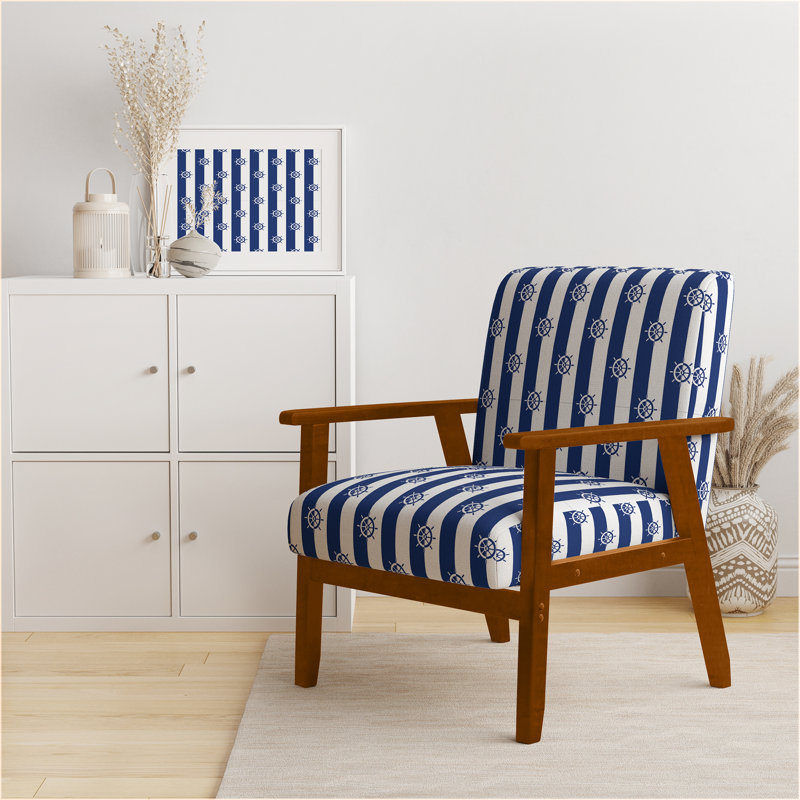 White And Blue Striped Pattern - Velvet Upholstered Patterned Accent Arm Chair, Brown Square Arms