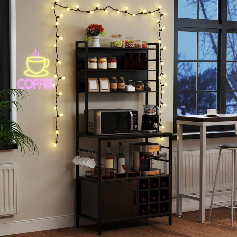 Baker’S Rack With Power Outlet, Metal Frame Microwave Stand With Wine Rack, Black
