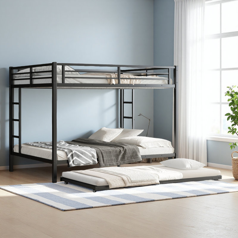 Metal Bunk Bed With Twin Size Trundle, Queen Over Queen