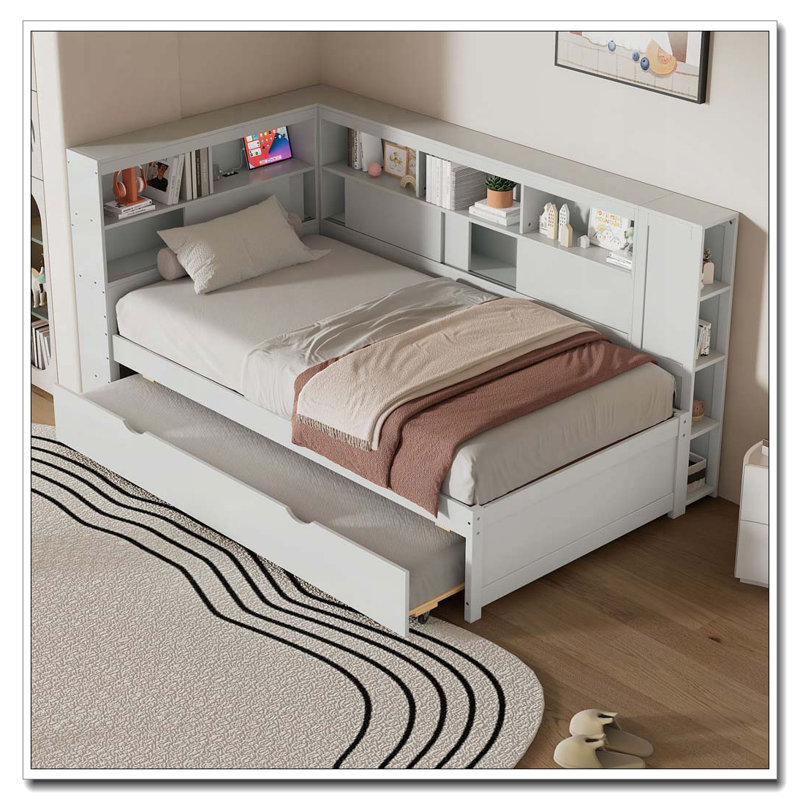 Twin Size Wood Daybed with Storage Shelves, USB and Trundle, White