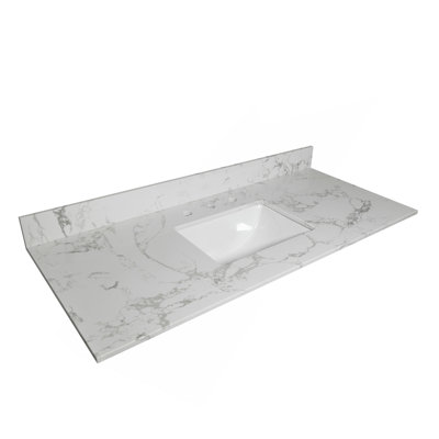Montary 43X22 Bathroom Stone Vanity Top  Engineered Stone Carrara White Marble Color With Rectangle Undermount Ceramic Sink And  3 Faucet Hole With Back Splash .