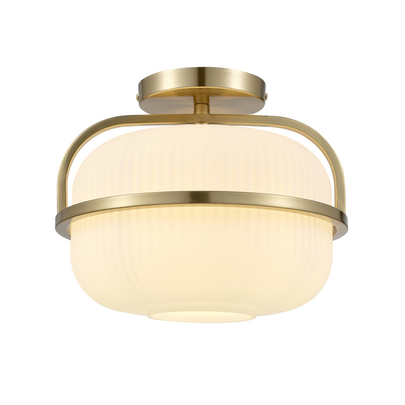 1-Light Brass Flush Mount Ceiling Light with Frosted Ribbed Glass Shade
