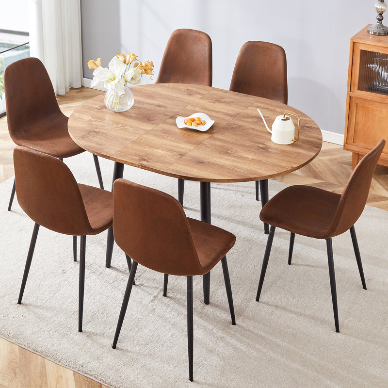 Table And Chair Set.modern Extendable Mdf Dining Table.paired With 6 Chairs With Soft Suede Cushions And Black Metal Legs.