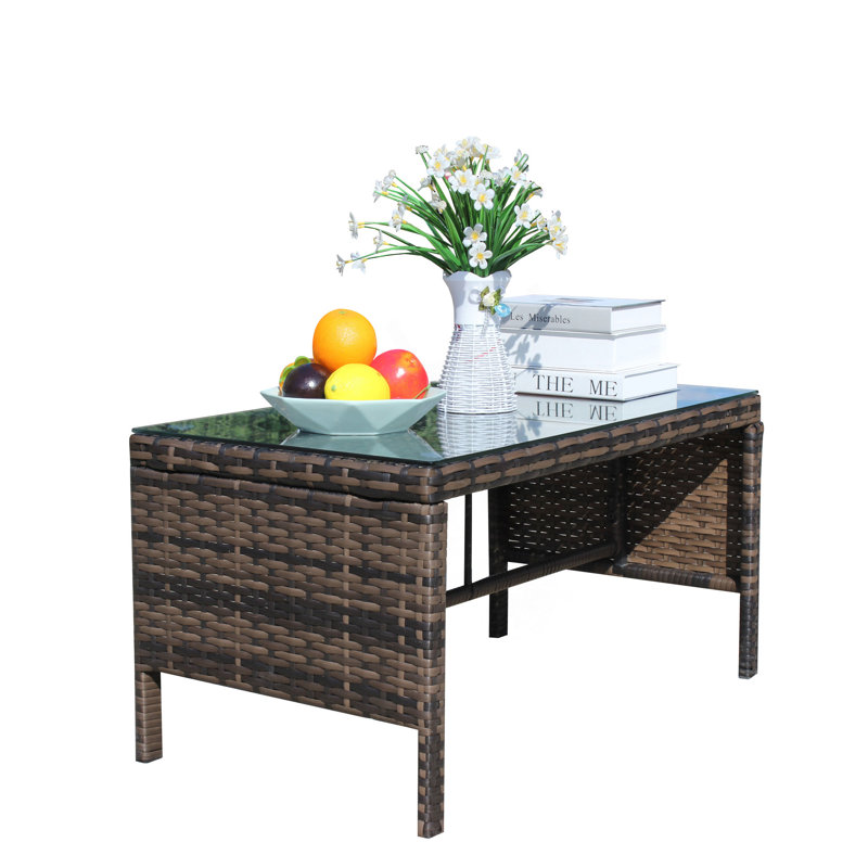 Durable Outdoor Patio Wicker Coffee Table With Clear Tempered Glass Top For Stylish And Functional Seating Areas